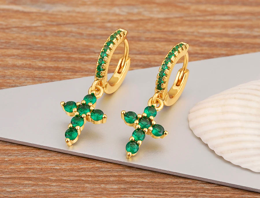 New Trendy Inlaid Green Zircon Cross Charm Drop Earrings For Women Girls Birthday Party Ear Jewelry Wholesale Accessories - Floq & Raman