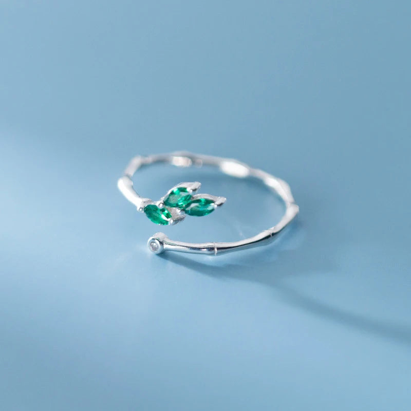 Adjustable Green Crystal Leaf Ring for Women – 925 Sterling Silver Plant-Inspired Fine Jewelry by Modian - Floq & Raman