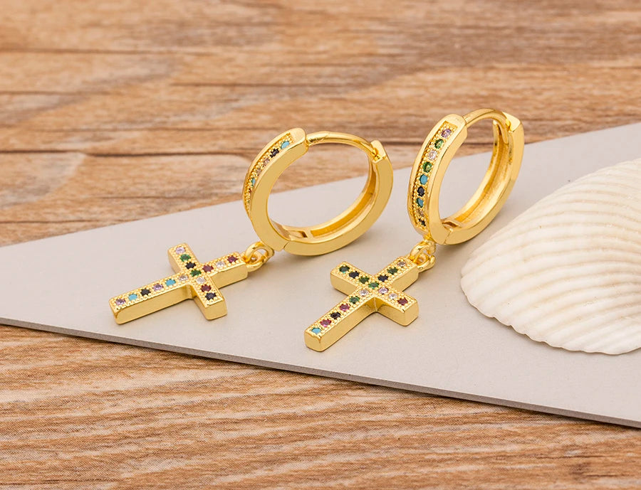 New Fashion Classic Heart Cross Eyes Shape Gold Color Drop Earrings Multi-color Copper CZ Stones Jewelry Gift For Women Girls - Floq & Raman