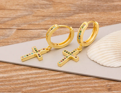 New Fashion Classic Heart Cross Eyes Shape Gold Color Drop Earrings Multi-color Copper CZ Stones Jewelry Gift For Women Girls - Floq & Raman