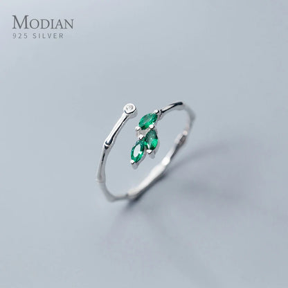 Adjustable Green Crystal Leaf Ring for Women – 925 Sterling Silver Plant-Inspired Fine Jewelry by Modian - Floq & Raman