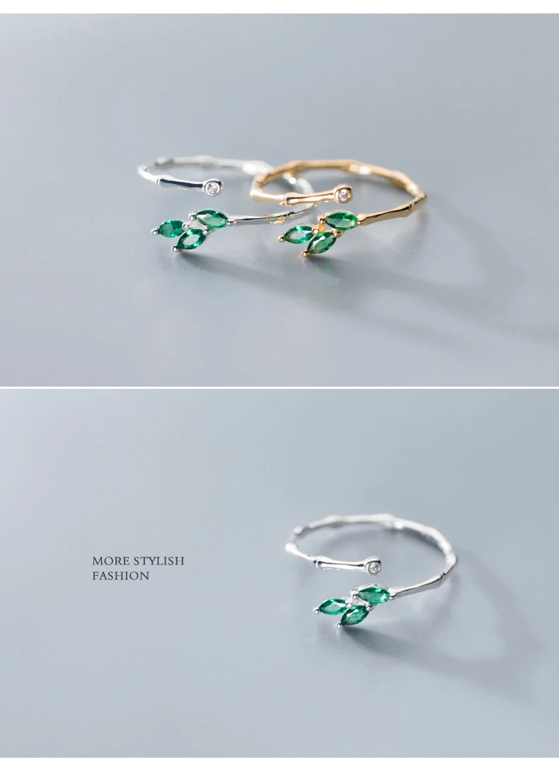 Adjustable Green Crystal Leaf Ring for Women – 925 Sterling Silver Plant-Inspired Fine Jewelry by Modian - Floq & Raman