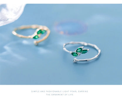 Adjustable Green Crystal Leaf Ring for Women – 925 Sterling Silver Plant-Inspired Fine Jewelry by Modian - Floq & Raman