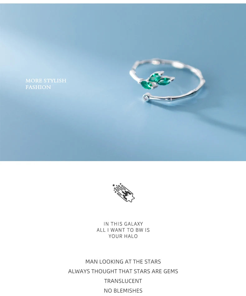 Adjustable Green Crystal Leaf Ring for Women – 925 Sterling Silver Plant-Inspired Fine Jewelry by Modian - Floq & Raman