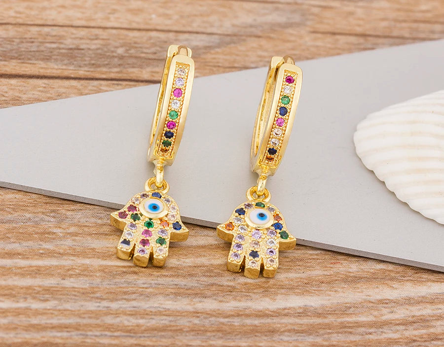 Charm Rainbow Copper Zircon Drop Earrings Fashion Palm Shape Pendant Earrings Crystal Jewelry Best New Year Gifts For Women - Floq & Raman