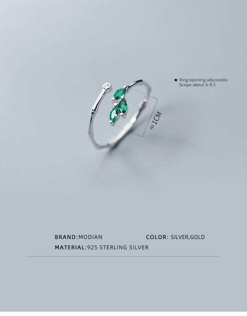 Adjustable Green Crystal Leaf Ring for Women – 925 Sterling Silver Plant-Inspired Fine Jewelry by Modian - Floq & Raman