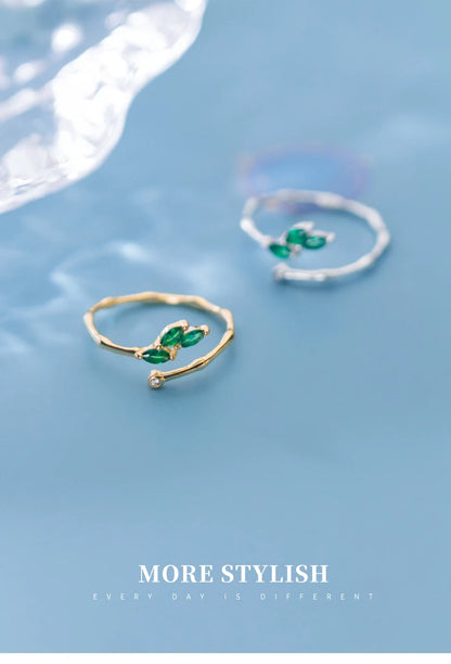 Adjustable Green Crystal Leaf Ring for Women – 925 Sterling Silver Plant-Inspired Fine Jewelry by Modian - Floq & Raman