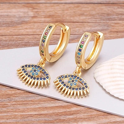 Trendy Bohemian Zircon Hollow Blue Evil Eye Hoop Earrings for Women Cute Unique Gold Color Crystal Drop Earrings Party Jewelry - Floq & Raman