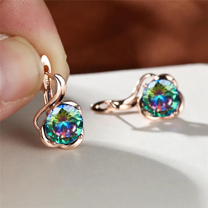Mystic Rainbow Zircon Flower Earrings Multicolor Crystal Round Stone Hoop Earrings Rose Gold Color Engagement Earrings For Women - Floq & Raman