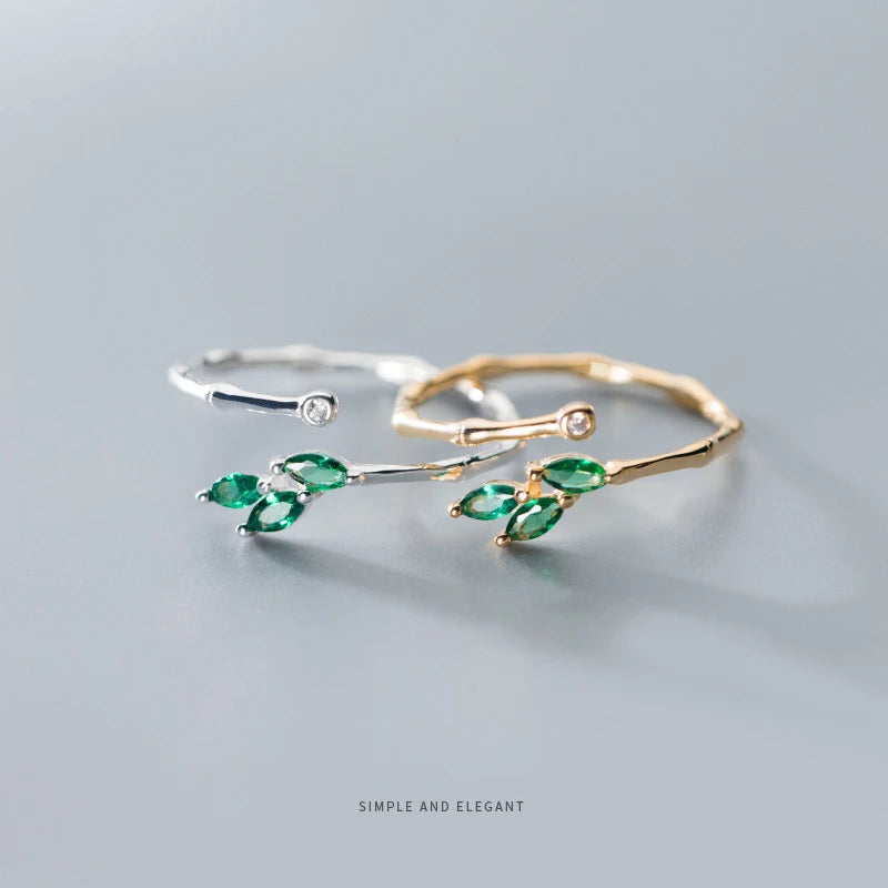 Adjustable Green Crystal Leaf Ring for Women – 925 Sterling Silver Plant-Inspired Fine Jewelry by Modian - Floq & Raman