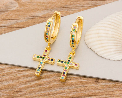 New Fashion Classic Heart Cross Eyes Shape Gold Color Drop Earrings Multi-color Copper CZ Stones Jewelry Gift For Women Girls - Floq & Raman