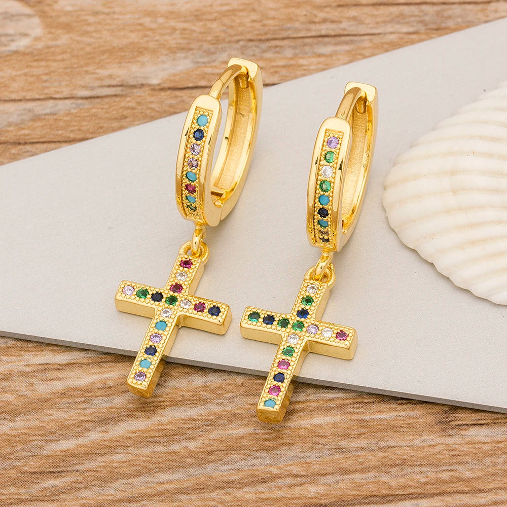 New Fashion Classic Heart Cross Eyes Shape Gold Color Drop Earrings Multi-color Copper CZ Stones Jewelry Gift For Women Girls - Floq & Raman