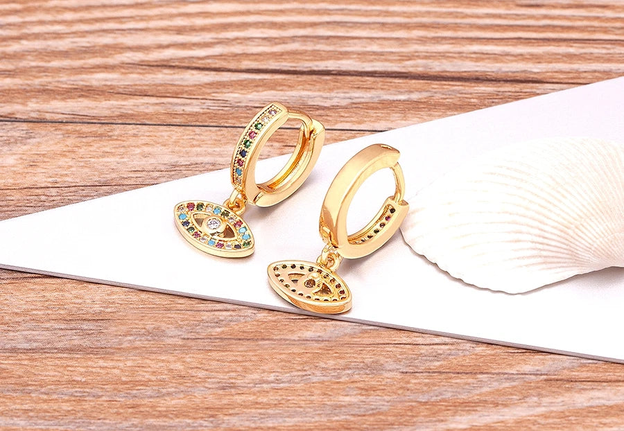 Trendy Bohemian Zircon Hollow Blue Evil Eye Hoop Earrings for Women Cute Unique Gold Color Crystal Drop Earrings Party Jewelry - Floq & Raman
