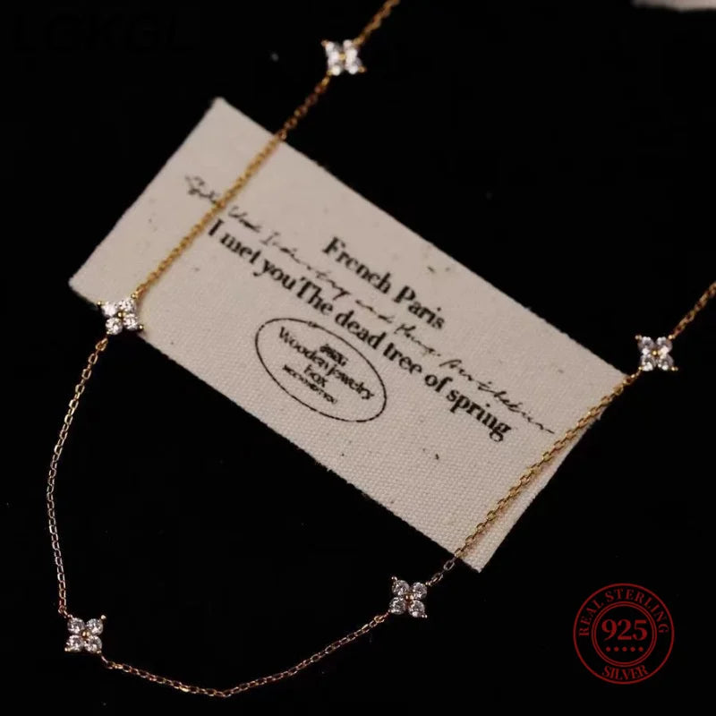 S925 Whole Body Sterling Silver Diamond Four-Leaf Clover Necklace Collarbone Chain Full Star Light Luxury Girl Gift - Floq & Raman