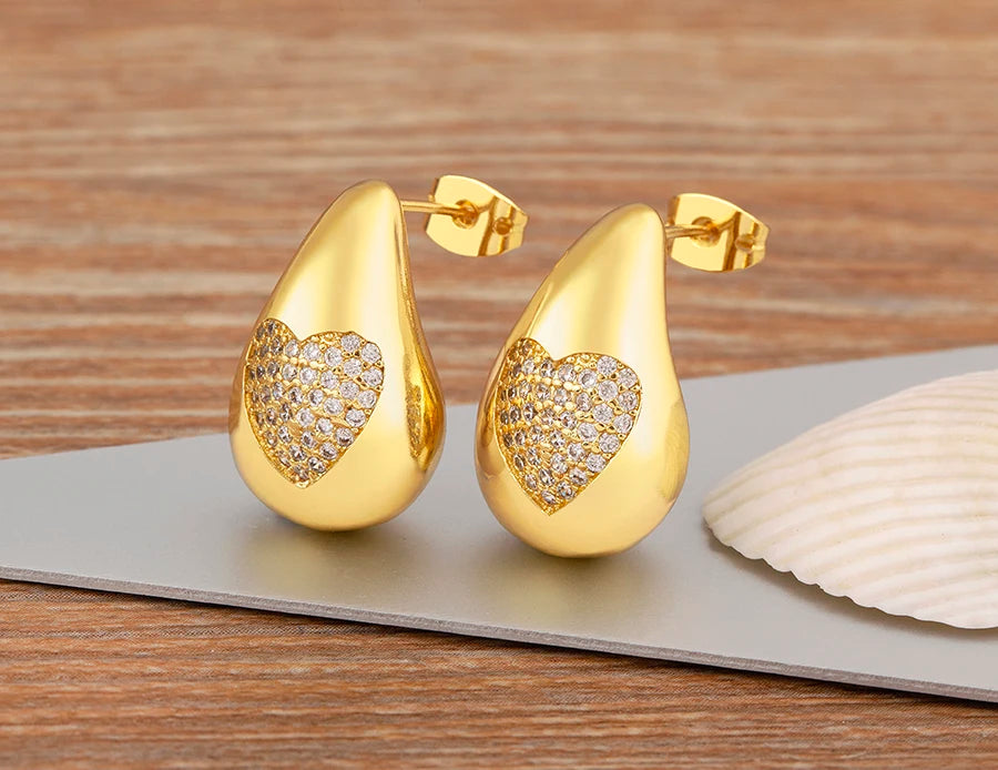 Hot Sale Shiny Heart Pattern Large Water Drop Metal Earrings For Women Retro Smooth Chunky Ear Jewelry Wedding Gifts - Floq & Raman
