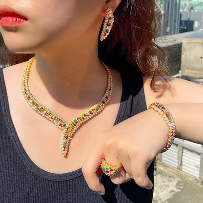 Luxury 4pcs MulLuxury 4Pcs Multicolor Cubic Zirconia African Dubai Bridal Jewelry Set | Gold Plated Wedding Necklace, Earrings, Ring & Bracele - Floq & Raman