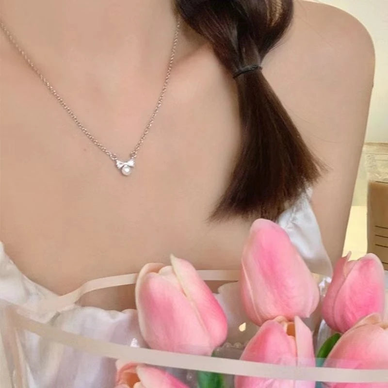 Real 925 Sterling Silver Zircon CZ Bowknot Pearl Choker Necklace for Women Cute Fine Jewelry Minimalist Accessories - Floq & Raman