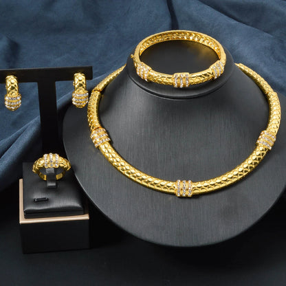 Luxury 18k Gold-Plated Women's Jewelry 4-Piece Round Necklace Bracelet Earrings Ring Gold Classic Dubai Wedding Gift - Floq & Raman