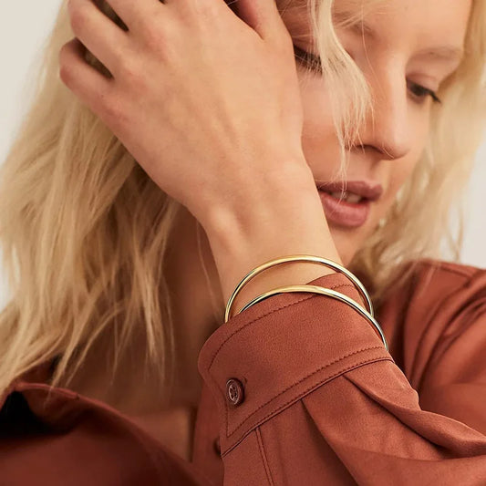 Stackable Stainless Steel Bangle Bracelet for Women, 3mm Round 18k Gold Plated Minimalist Jewelry Sister Best Friend Gift - Floq & Raman