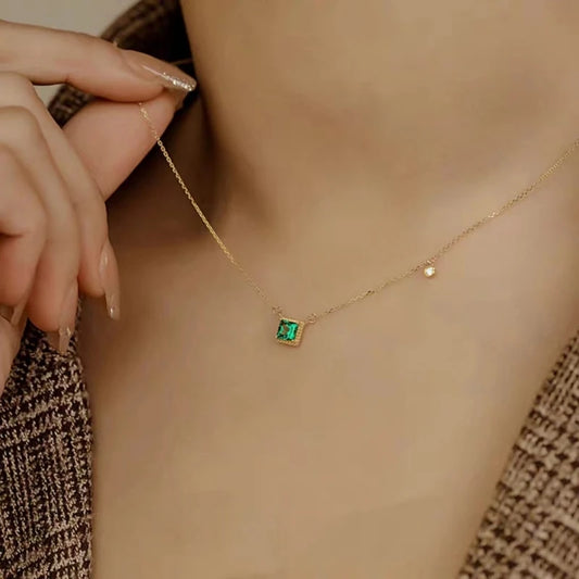 925 Sterling silver plated 18K gold emerald necklace Women's vintage sugar square advanced design sense of all clavicle ch - Floq & Raman
