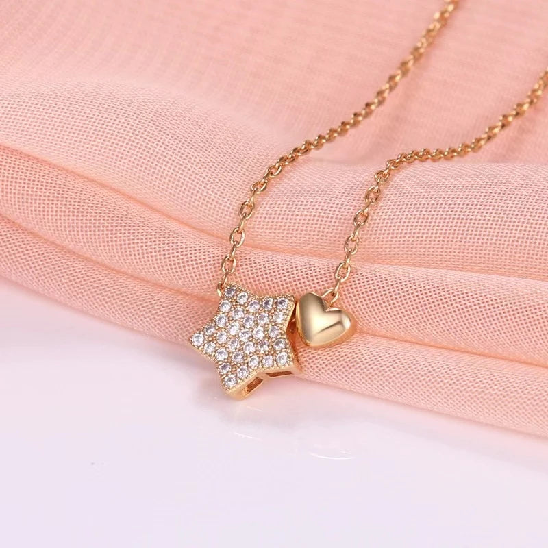 Real 925 Sterling Silver Necklace Sweet Star Heart Pendant 18k Necklace For Women Wedding Statement Fine Jewelry - Floq & Raman