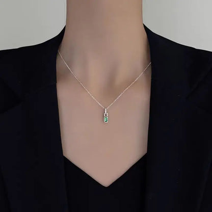 925 Sterling Silver Emerald Green Zircon Lock Shape Pendant Necklace Plating 18K Gold Fashion Simple Necklace for Women - Floq & Raman