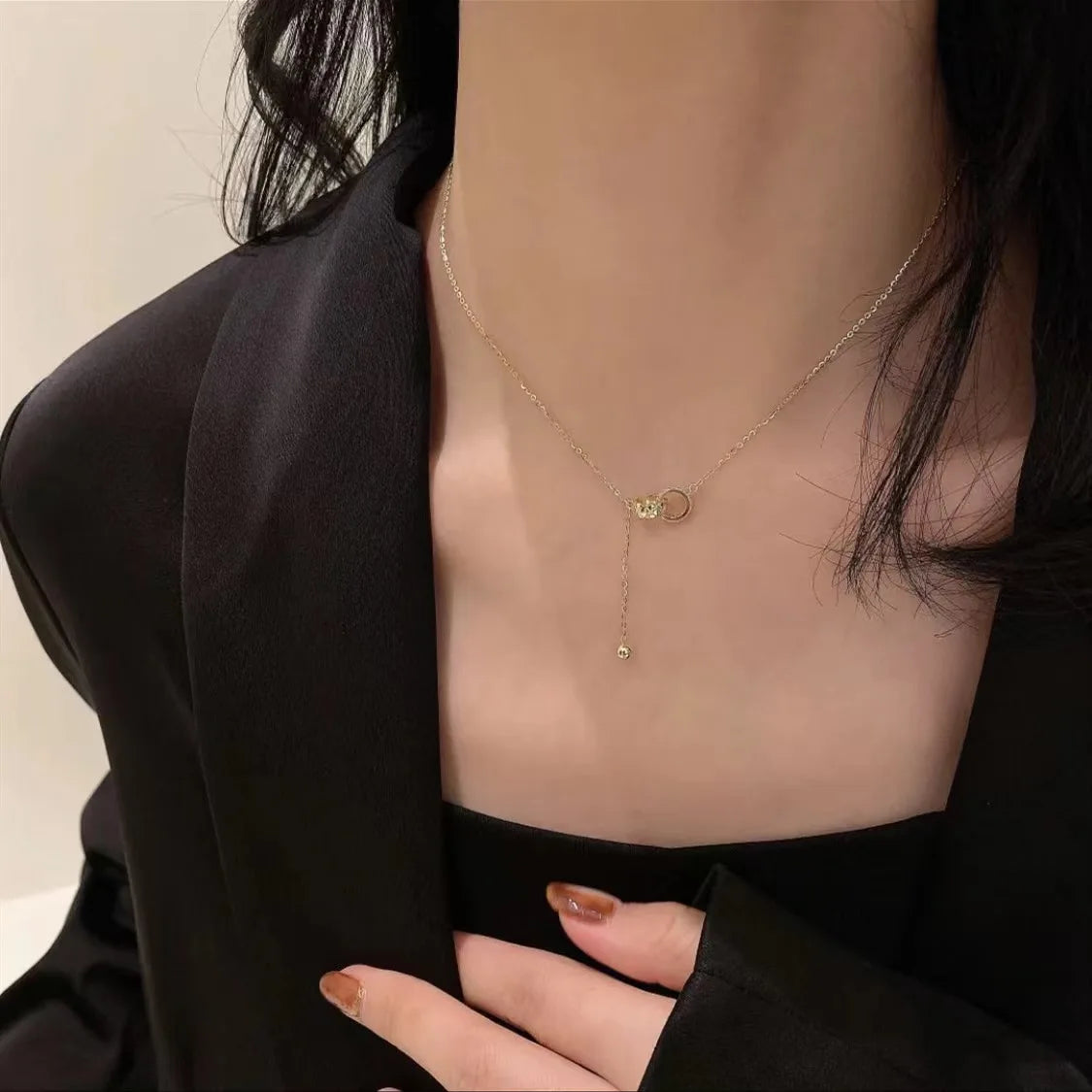 S925 sterling silver necklace double ring ring buckle tassel High sense affordable luxury fashion sweater chain - Floq & Raman