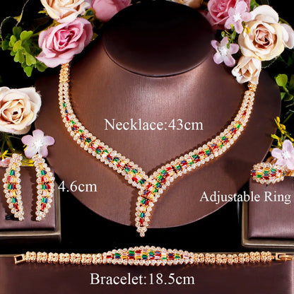 Luxury 4pcs MulLuxury 4Pcs Multicolor Cubic Zirconia African Dubai Bridal Jewelry Set | Gold Plated Wedding Necklace, Earrings, Ring & Bracele - Floq & Raman