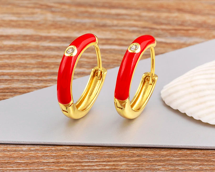 New Minimalist Candy Colors Enamel Round Hoop Earrings for Women Zircon Piercing Cartilage Huggie Ear Jewelry Wedding Gift - Floq & Raman