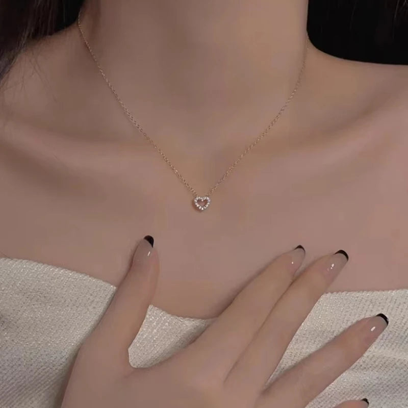 100% 925 Sterling Silver Simple Zircon Heart Pendant Clavicle Chain Necklace Women Classic Fashion 14k Gold Plating Jewelry - Floq & Raman