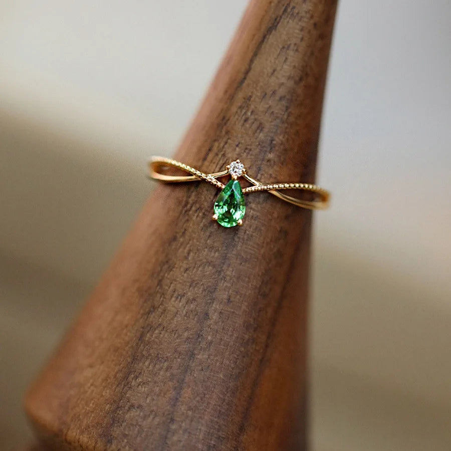 French-Inspired Green Zircon Water Droplet Ring – 18K Gold-Plated 925 Sterling Silver Party Jewelry for Women - Floq & Raman