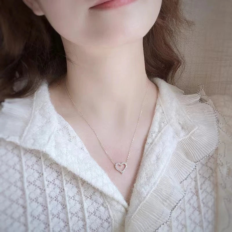 925 Sterling Silver Full Zircon Hollow Heart Pendant Necklaces for Women Party Cute Fine Jewelry Minimalist Accessories - Floq & Raman