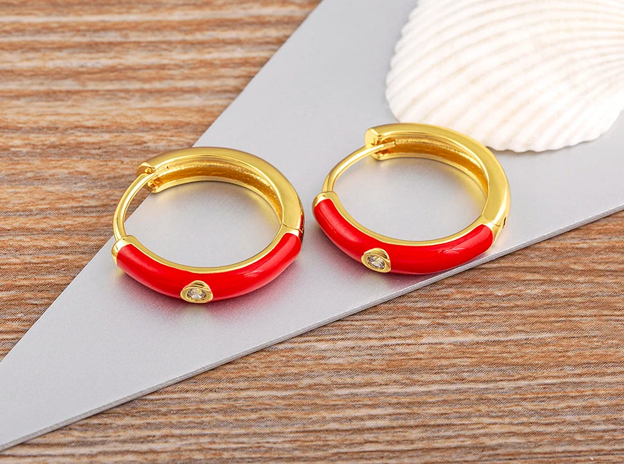 New Minimalist Candy Colors Enamel Round Hoop Earrings for Women Zircon Piercing Cartilage Huggie Ear Jewelry Wedding Gift - Floq & Raman