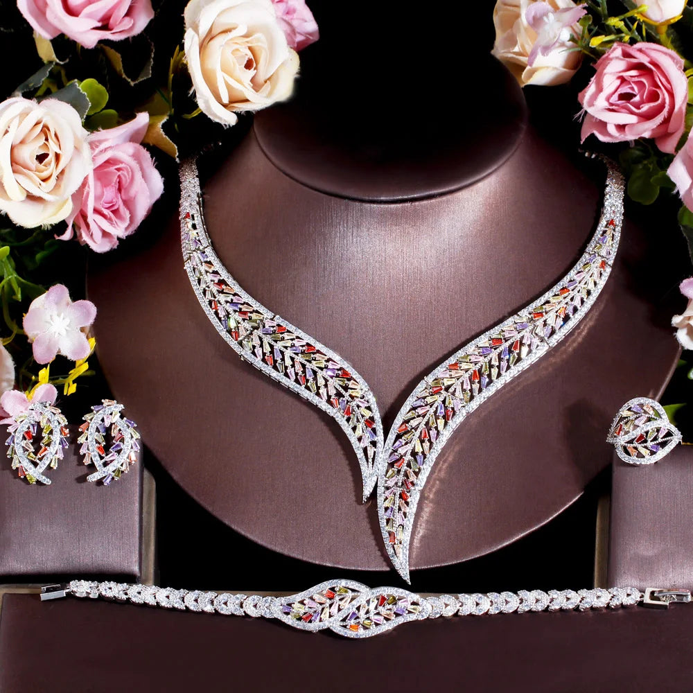 4Pcs Multicolor Cubic Zirconia Leaf Jewelry Set for Women | Luxury Bridal Wedding Necklace & Earrings Set | Pave Setting - Floq & Raman