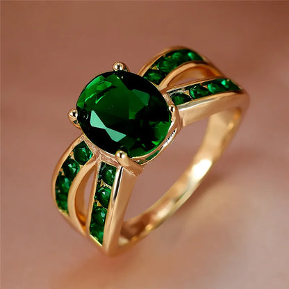Luxury Crystal Oval Charm Gold Engagement Ring for Women | Dainty Green Zircon Wedding Band | Elegant Wedding Jewelry - Floq & Raman