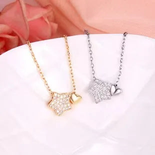 Real 925 Sterling Silver Necklace Sweet Star Heart Pendant 18k Necklace For Women Wedding Statement Fine Jewelry - Floq & Raman