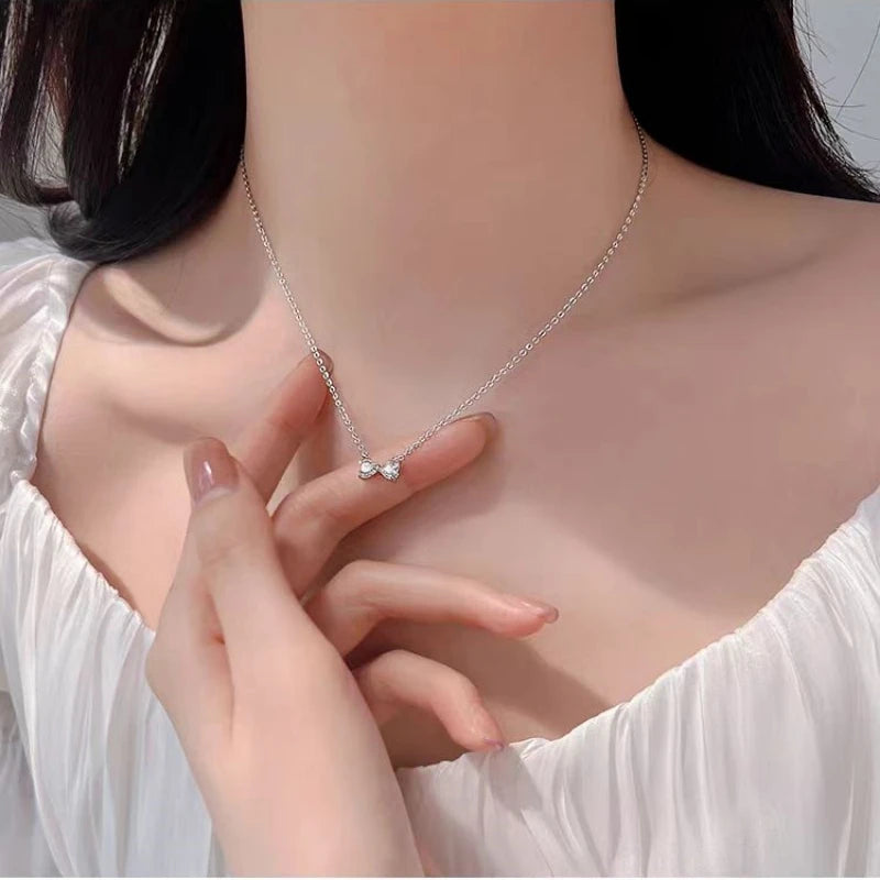 925 Sterling Silver Romantic 14k Gold Plated Shiny Zircon Bow Love Chain Necklace for Women Teen Charming Party Jewelry - Floq & Raman