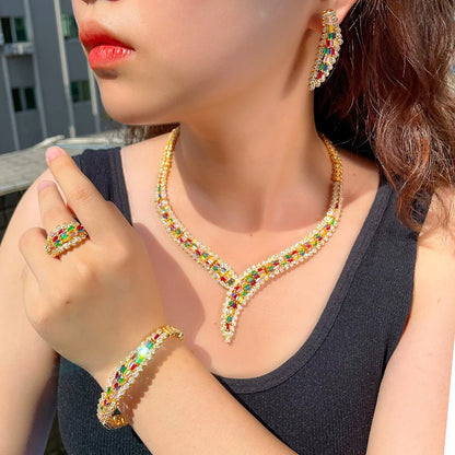 Luxury 4pcs MulLuxury 4Pcs Multicolor Cubic Zirconia African Dubai Bridal Jewelry Set | Gold Plated Wedding Necklace, Earrings, Ring & Bracele - Floq & Raman