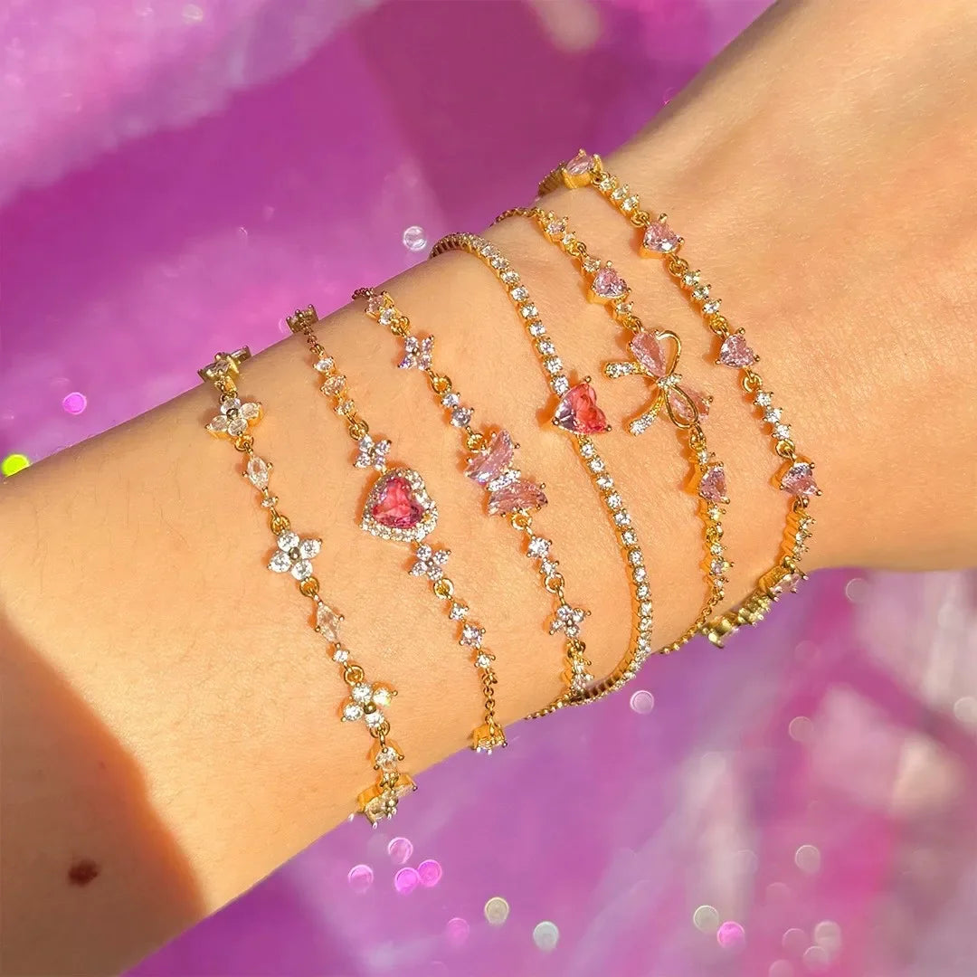 LATS Y2K Exquisite Sweet Pink Zircon Bowknot Love Heart Chain Bracelet for Women Girls Party Birthday Jewelry Gift Accessories - Floq & Raman