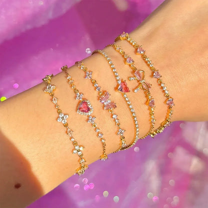 LATS Y2K Exquisite Sweet Pink Zircon Bowknot Love Heart Chain Bracelet for Women Girls Party Birthday Jewelry Gift Accessories - Floq & Raman