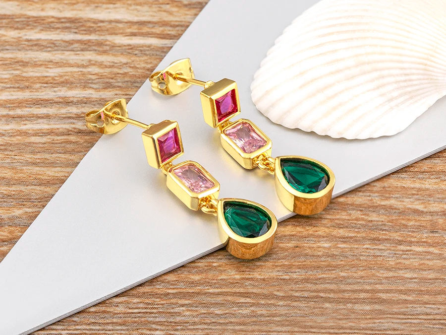 Trendy Dangle Drop Earrings for Women Colorful Color Rainbow Zircon Jewelry Accessories Fine Wedding Engagement Gift - Floq & Raman
