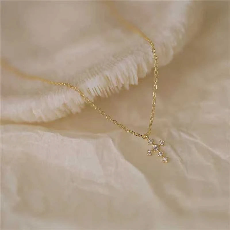 Real 925 Sterling Silver Zircon Cross Pendant Necklaces for Women Minimalist Light Luxury Fine Jewelry Korea Cute Accessor - Floq & Raman