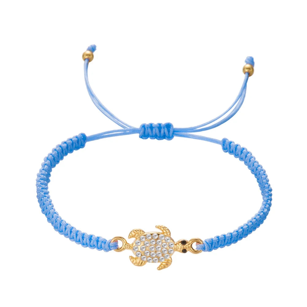 Women’s Adjustable Sea Turtle Bracelet – Gold Color, Rhinestones, Hand-Knitted Rope Chain | Summer Gifts - Floq & Raman