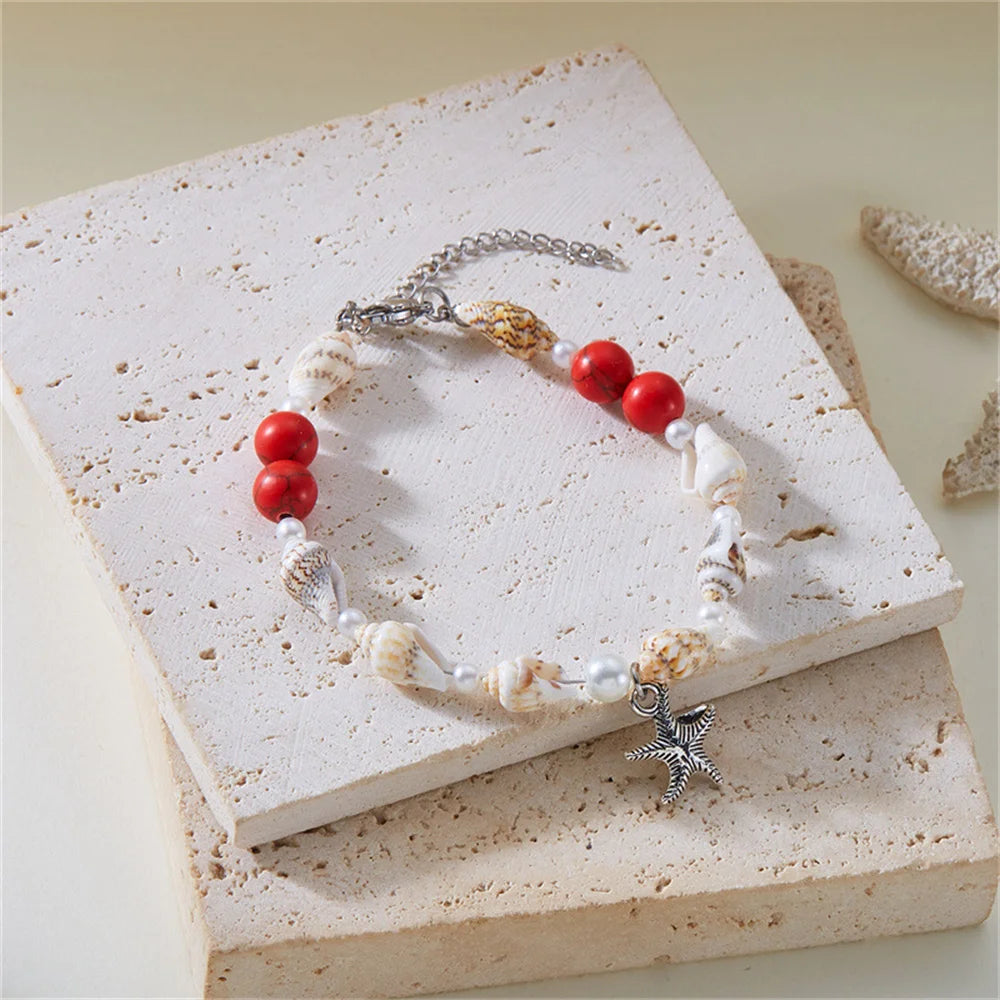 Dolphin, Starfish & Shell Pendant Bracelet – Conch Beads, Zinc Alloy, Adjustable | Summer Jewelry for Women - Floq & Raman