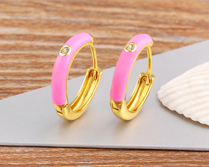New Minimalist Candy Colors Enamel Round Hoop Earrings for Women Zircon Piercing Cartilage Huggie Ear Jewelry Wedding Gift - Floq & Raman