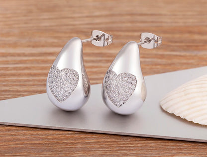 Hot Sale Shiny Heart Pattern Large Water Drop Metal Earrings For Women Retro Smooth Chunky Ear Jewelry Wedding Gifts - Floq & Raman