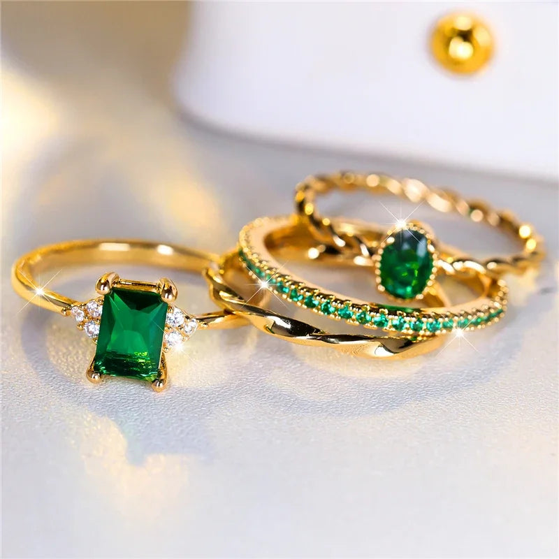 Luxury 4-Piece Green Zircon Stone Ring Set for Women | Trendy Yellow Gold Engagement & Wedding Rings | Elegant Bride Jewelry Gift - Floq & Raman