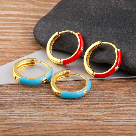 New Minimalist Candy Colors Enamel Round Hoop Earrings for Women Zircon Piercing Cartilage Huggie Ear Jewelry Wedding Gift - Floq & Raman