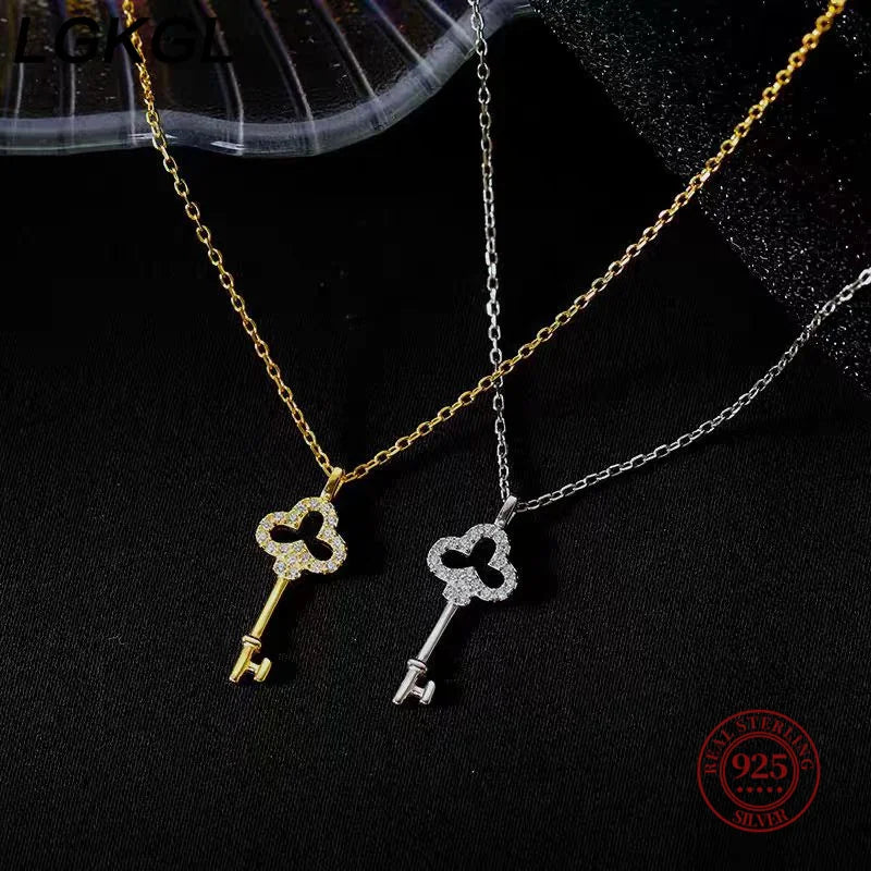 Light Luxury 925 Sterling Silver Plated 14K Gold Zircon Key Pendant Choker Necklace Female Cute Temperament Fine Jewelry - Floq & Raman