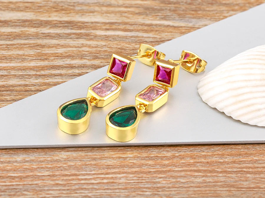 Trendy Dangle Drop Earrings for Women Colorful Color Rainbow Zircon Jewelry Accessories Fine Wedding Engagement Gift - Floq & Raman